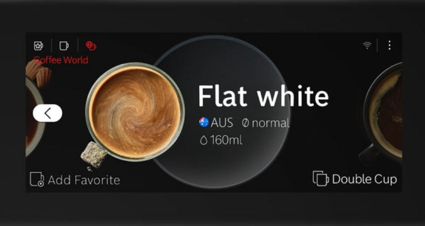 Coffee cup with flat white text on a dark background