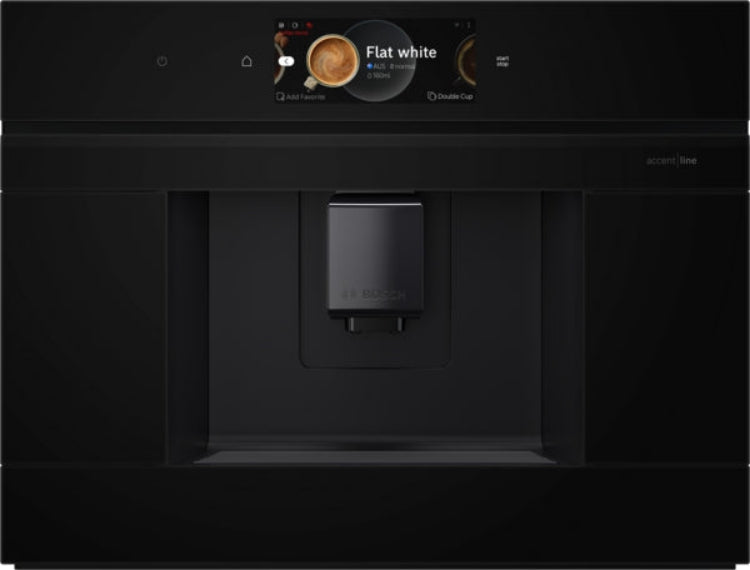 Black coffee machine with digital display on a black background