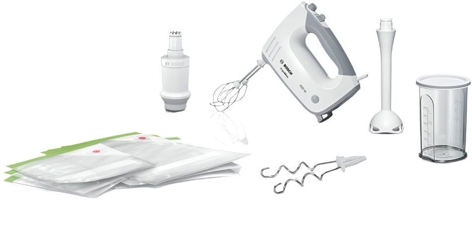 Set of kitchen appliances including a hand mixer, beaker, and other tools on a white background