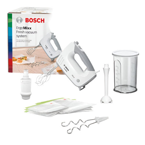 Bosch ErgoMixx hand mixer set with attachments on a white background