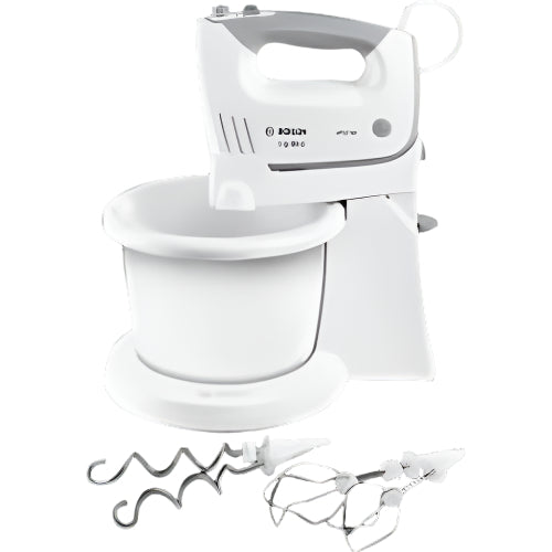 White kitchen mixer with attachments on a white background