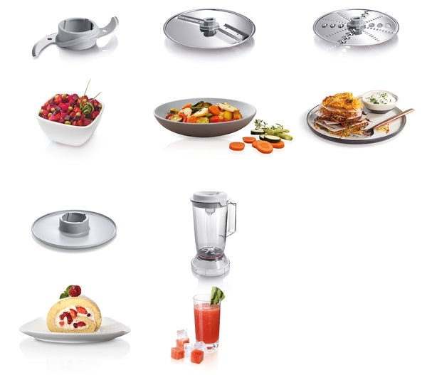 Collection of kitchen appliances and food items on a white background
