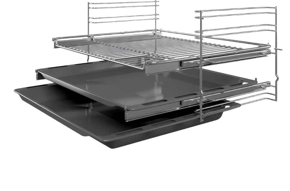 Set of metal trays with a rack on a white background