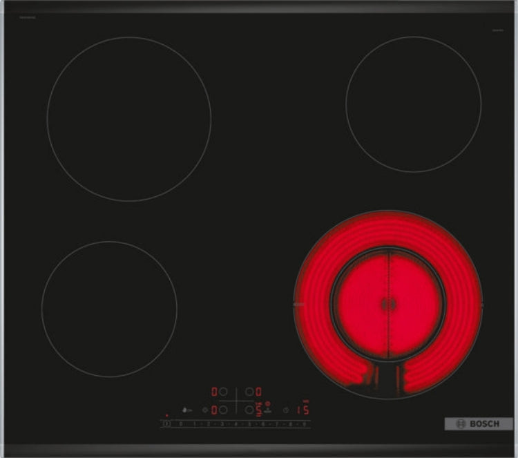 Bosch electric cooktop with four heating elements and a red hot plate indicator.
