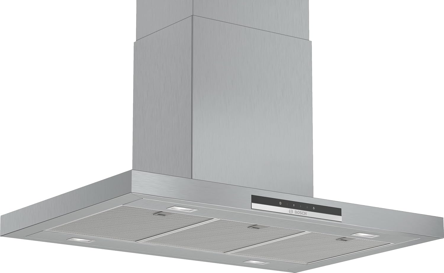 Stainless steel range hood on a white background