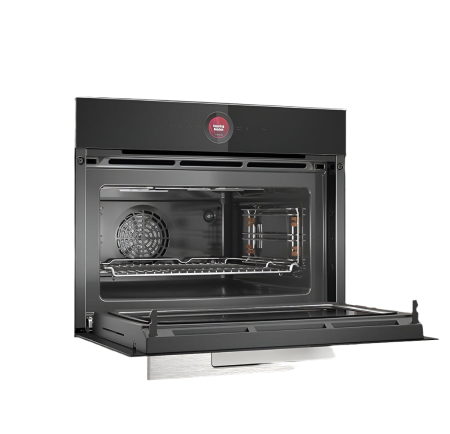 Modern black oven with a brand logo in a kitchen setting