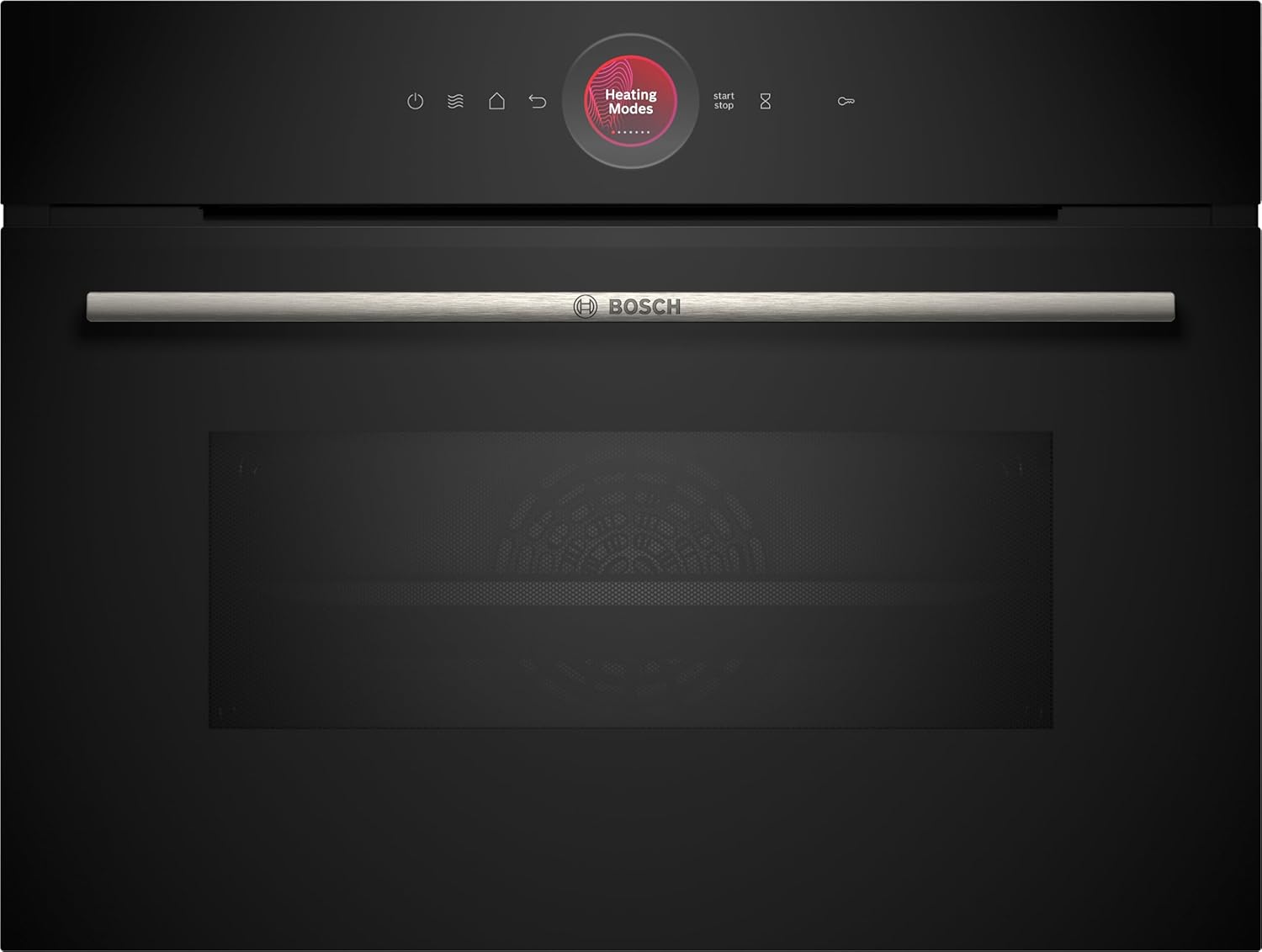 Black Bosch oven with digital control panel on a black background