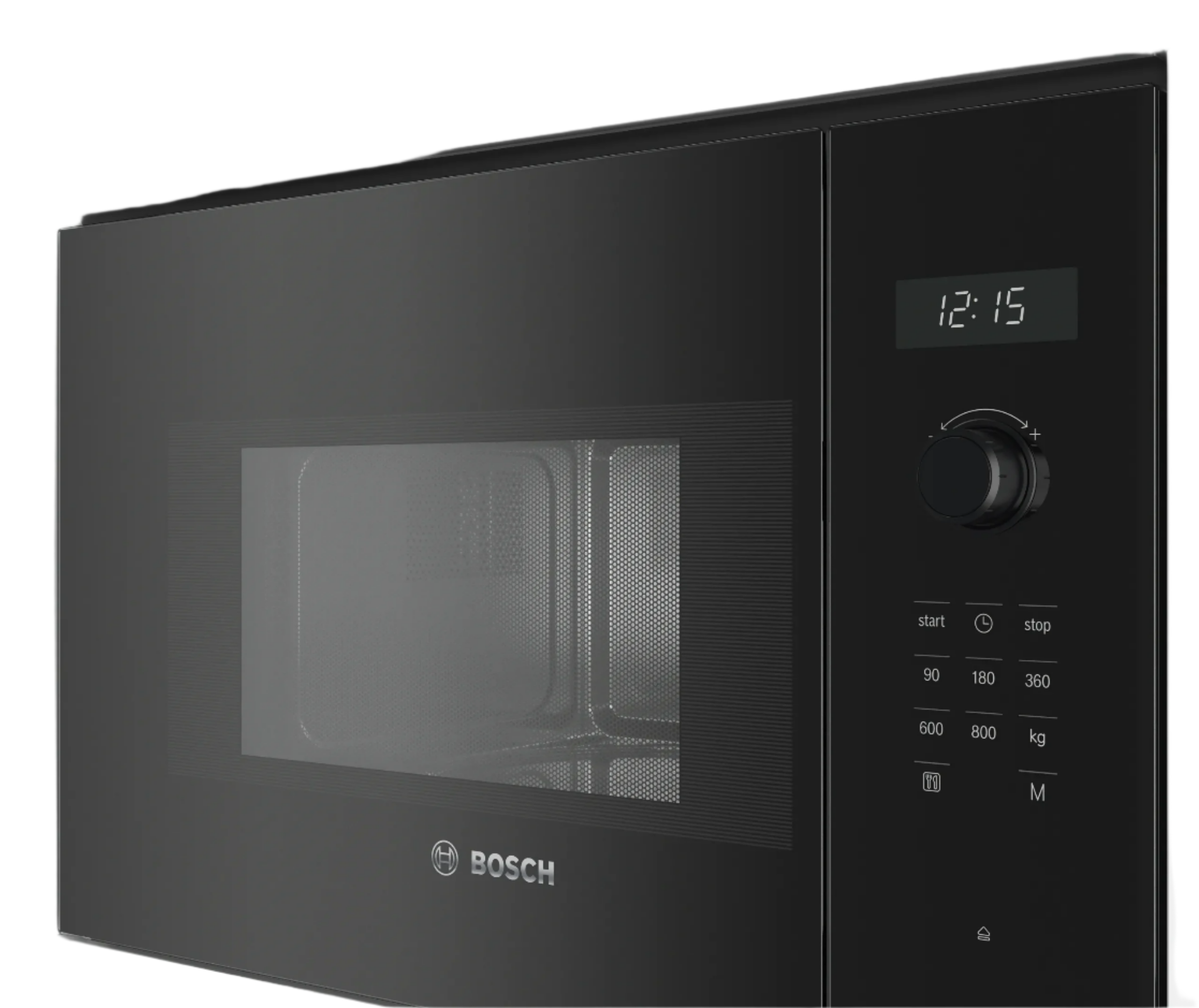 Bosch microwave oven with digital display and control panel on a white background