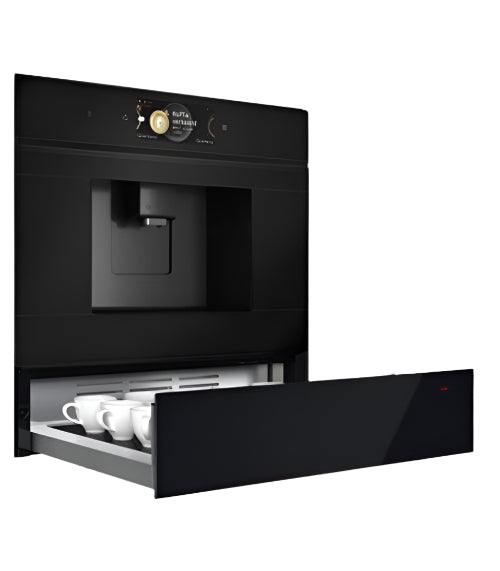 Black embedded coffee machine with open drawer showing cups in a modern kitchen.