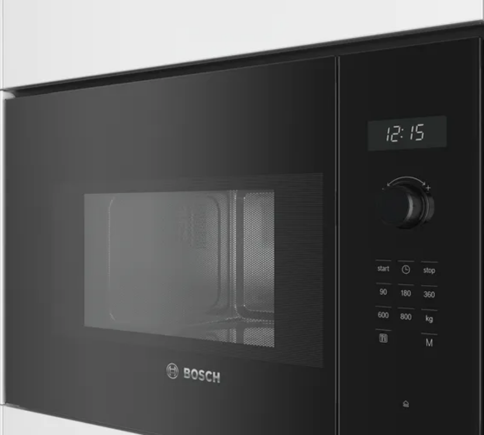 Black Bosch microwave oven with digital display and control panel on a white background