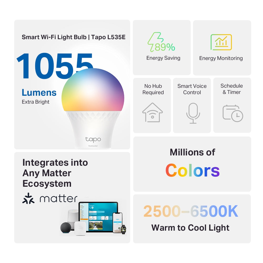 Tapo L535E Smart WiFi Light Bulb, 1055 lumens,75 watt, Multicolor