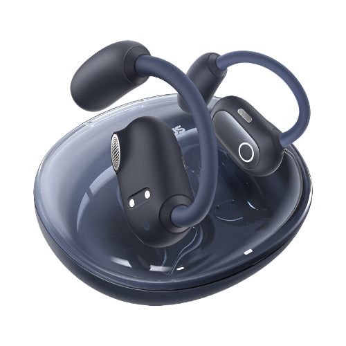 Blue wireless earbuds with charging case on a white background