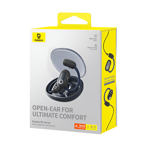 Baseus open-ear headphones packaging with yellow and white design