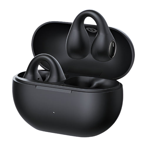 Black wireless earbuds in a charging case on a white background