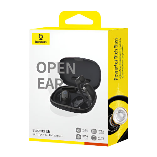 Baseus Eli open-ear True Wireless Earbuds packaging with yellow and white design.