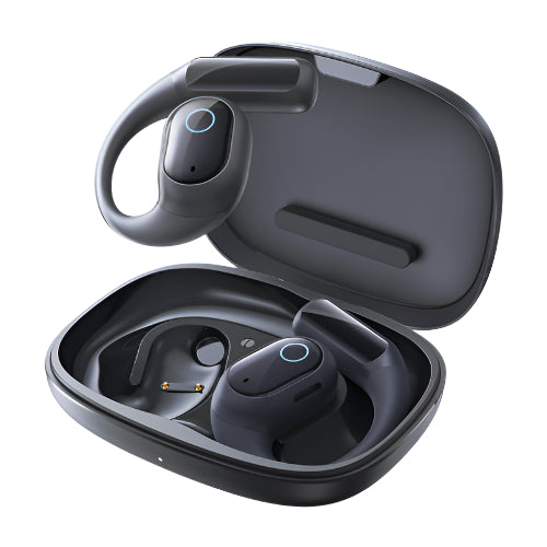 Black wireless earbuds with charging case on a white background