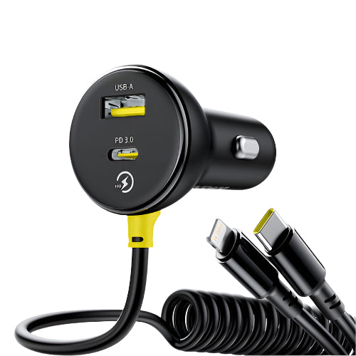 Car charger with USB-A and PD 3.0 ports, and a coiled cable with connectors.