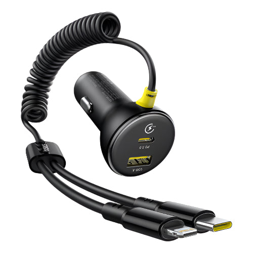 Baseus Circular Plastic Car Charger (U+C) + (C&L) Cable, 60Watts, Cosmic Black