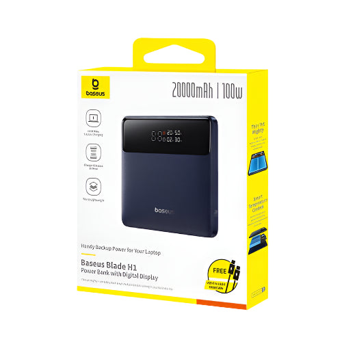 Baseus Blade H1 power bank packaging with digital display on a white background