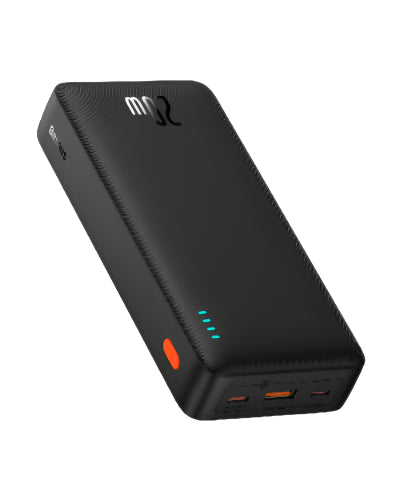 Black power bank with visible brand logo on a white background