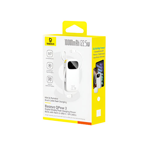 Baseus power bank packaging with yellow and white design on a white background