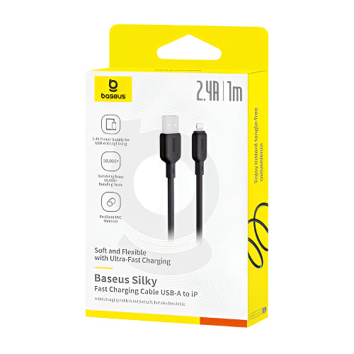 Baseus USB-A to IP charging cable packaging with yellow and white design