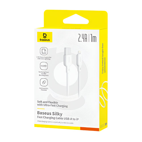 Baseus silky fast charging cable packaging with yellow and white design