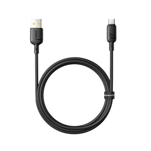 Black USB cable with connectors on a white background