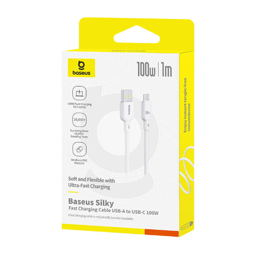 Baseus Silky fast charging cable packaging with yellow and white design