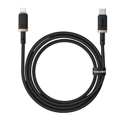 Black charging cable with USB-C and Lightning connectors on a white background