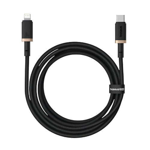Black multi-device charging cable with USB-C, Lightning, and micro-USB connectors on a white background.