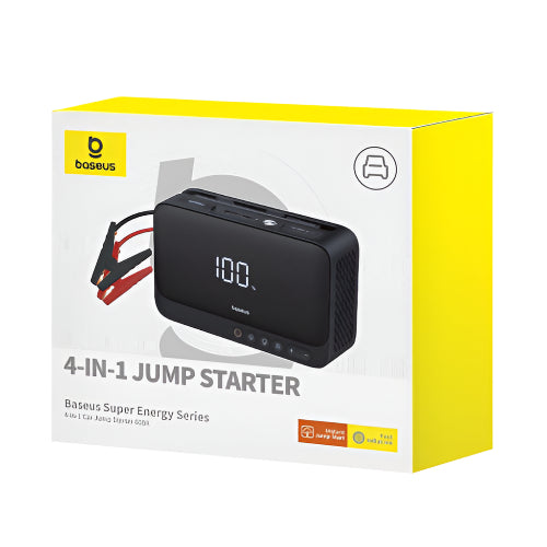Baseus 4-in-1 jump starter packaging with yellow accents on a white background
