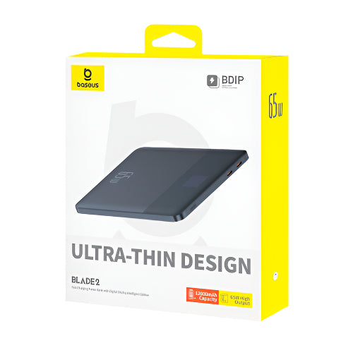 Baseus Blade2 power bank packaging with yellow and white design