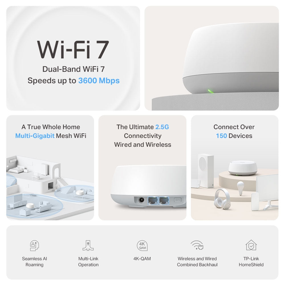 جهاز راوتر شبكي كامل المنزل تي بي لنك BE5000 Wi-Fi 7، أبيض