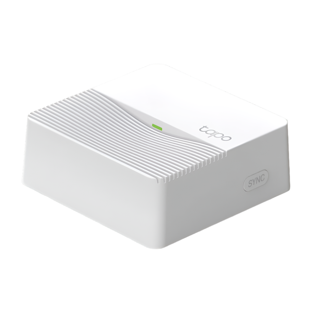 Tp-link-Tapo Smart Hub in white color with a green power indicator, designed for home automation and smart device connectivity.