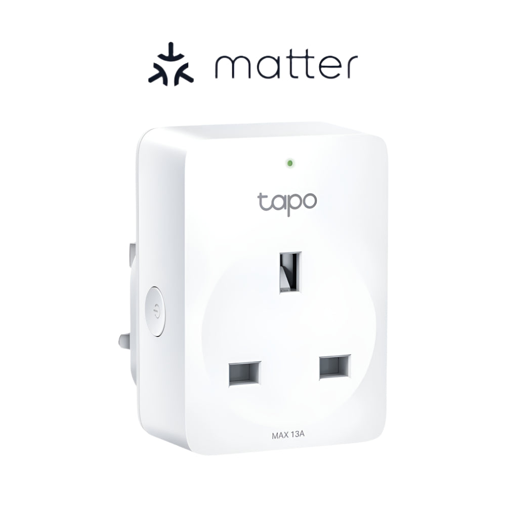 Tp-Link-Mini Smart Wi-Fi Plug in white color with the Matter logo, featuring a British plug point and a button for operation.