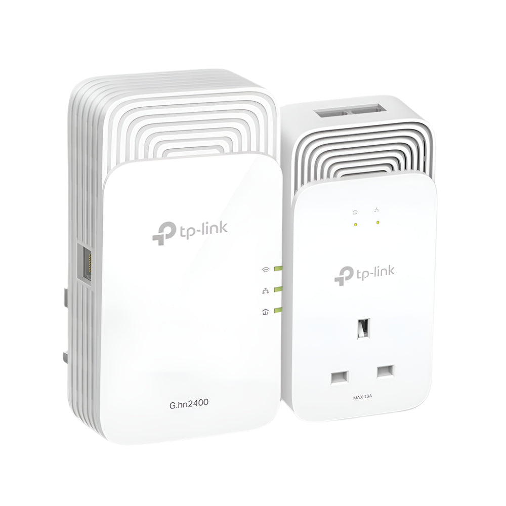 A Tp-Link G.HN2400 Power Line AX1800 Wi-Fi 6 extender kit, consisting of a white main unit and an attached power adapter.