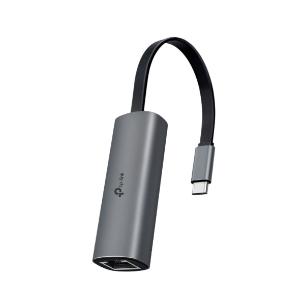 Gray USB-C adapter with a black cable on a white background