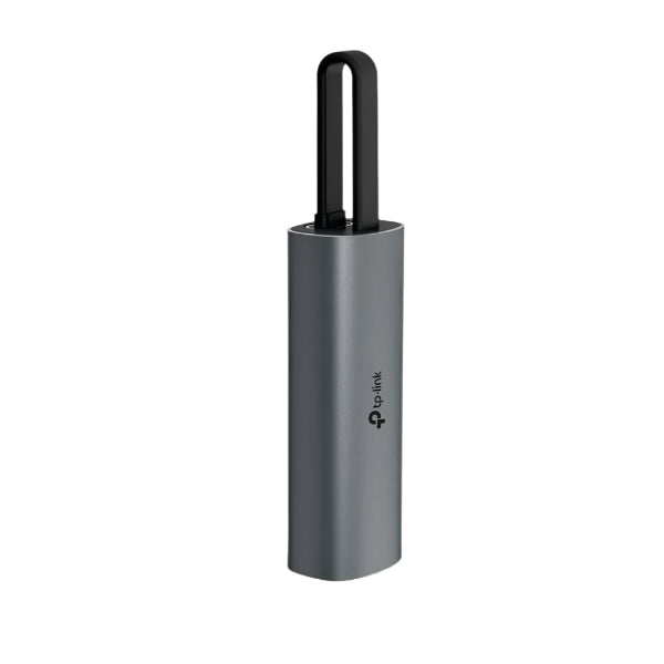 Tp-link USB Type-C to Ethernet Network Adapter in grey color with a black antenna on top.