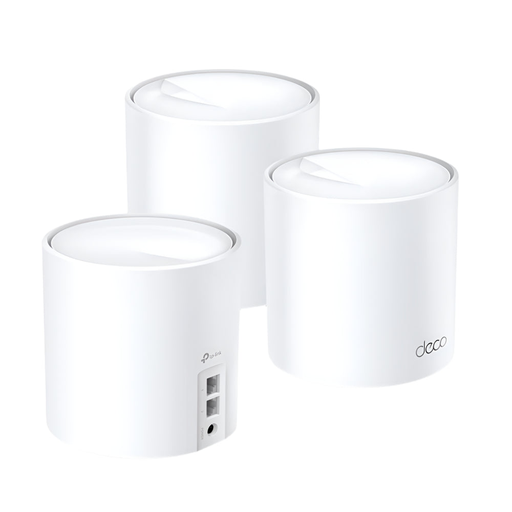 Three cylindrical Tp-link Whole Home Mesh WiFi 6 System devices in white color, designed for extending WiFi coverage.