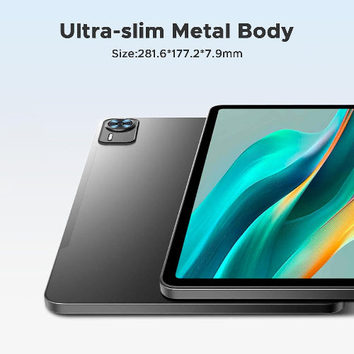 Tablet with ultra-thin metal body on a light blue background