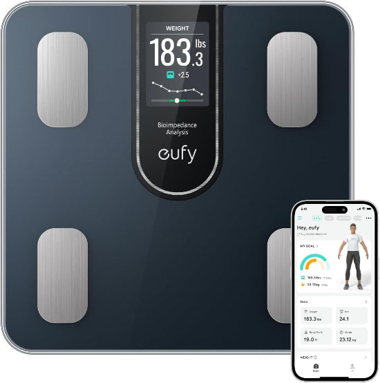 Anker Eufy Smart Scale in black color with a digital display showing weight and body composition metrics, alongside a smartphone app interface reflecting the scale's data.