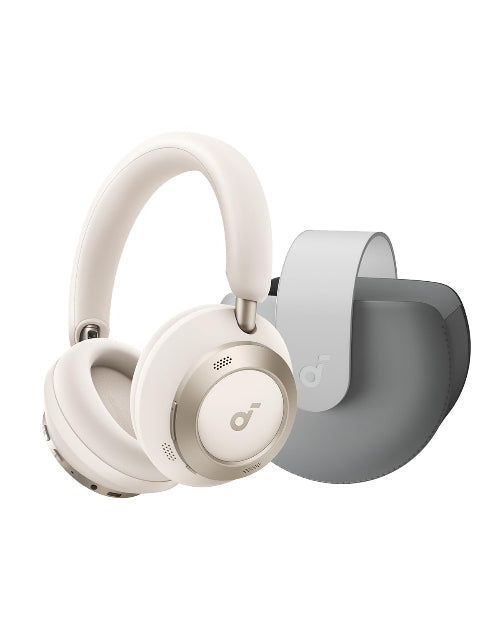 A pair of white Anker Soundcore Space One Pro headphones with a charging case.