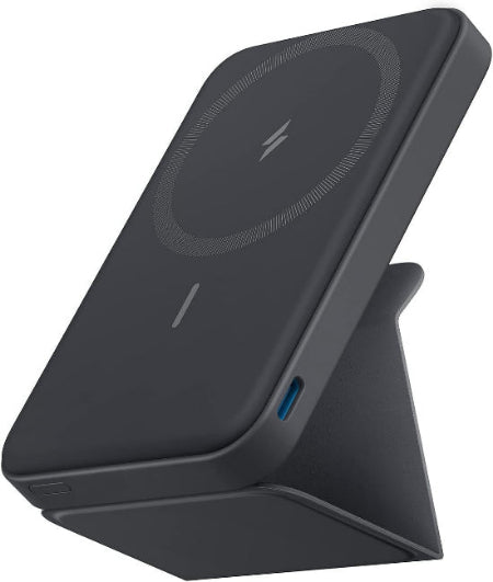 Anker Magnetic Battery MagGo in black, showing the wireless charging surface and the stand.