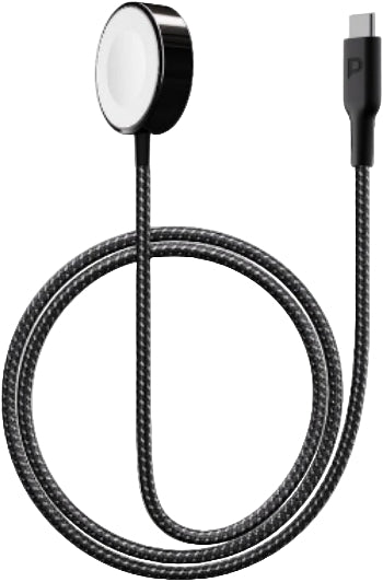 Black braided cable with round connector and USB-C plug on a white background