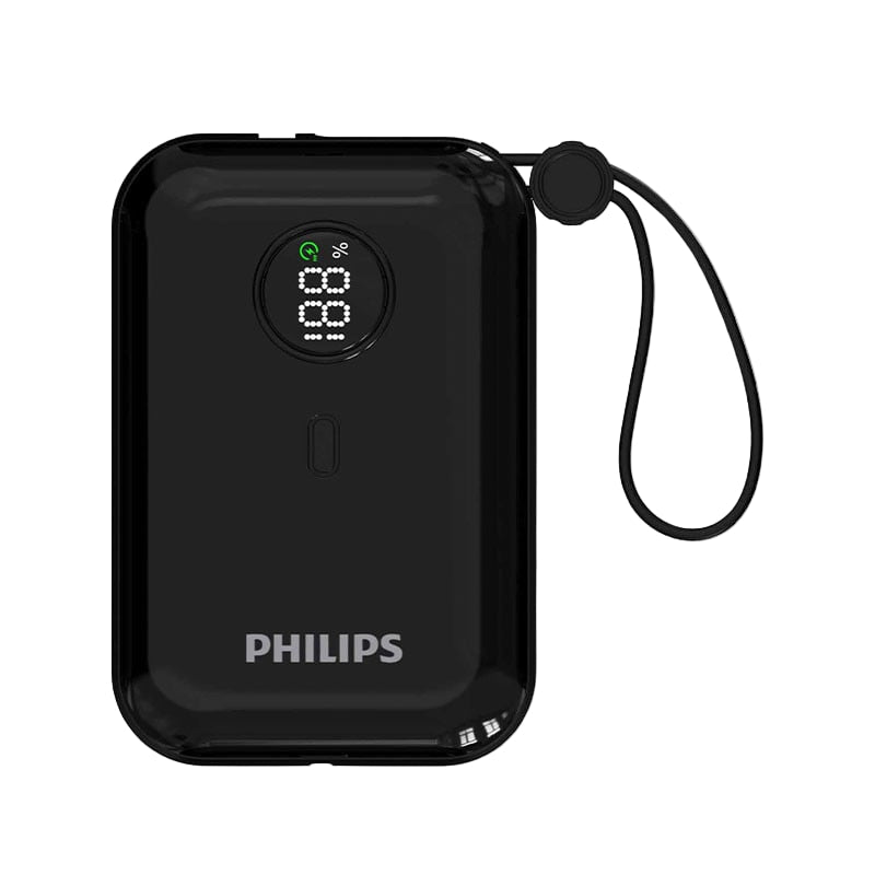 Black Philips power bank with digital display on a white background