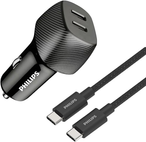 Philips car charger with USB-C cable on a white background