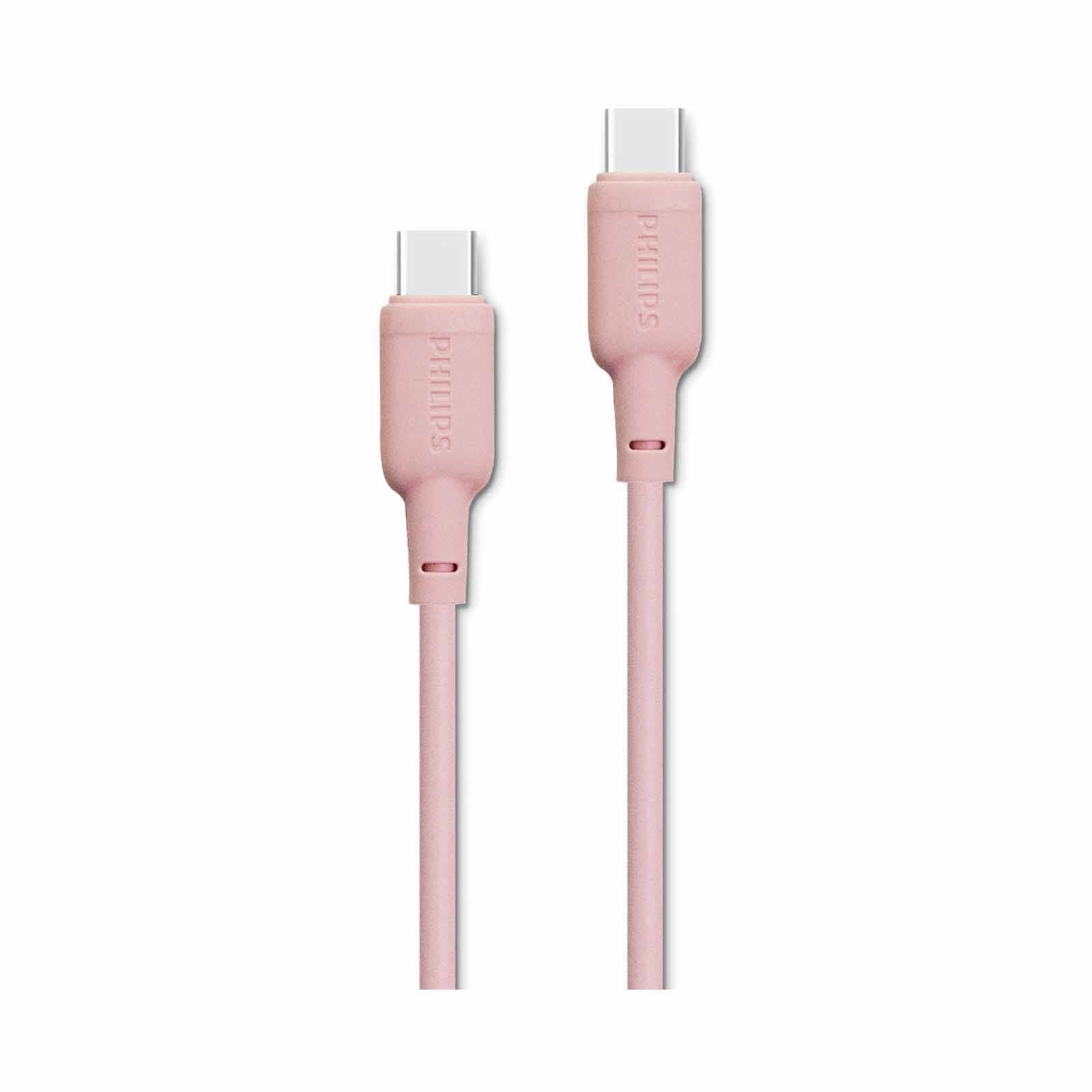 Pink USB-C charging cable on a white background