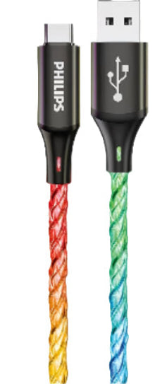 Philips USB cable with colorful braided design on a white background