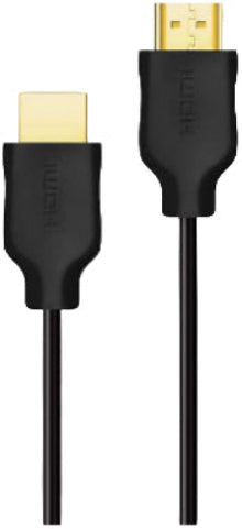 HDMI cable with black connectors and gold contacts on a white background